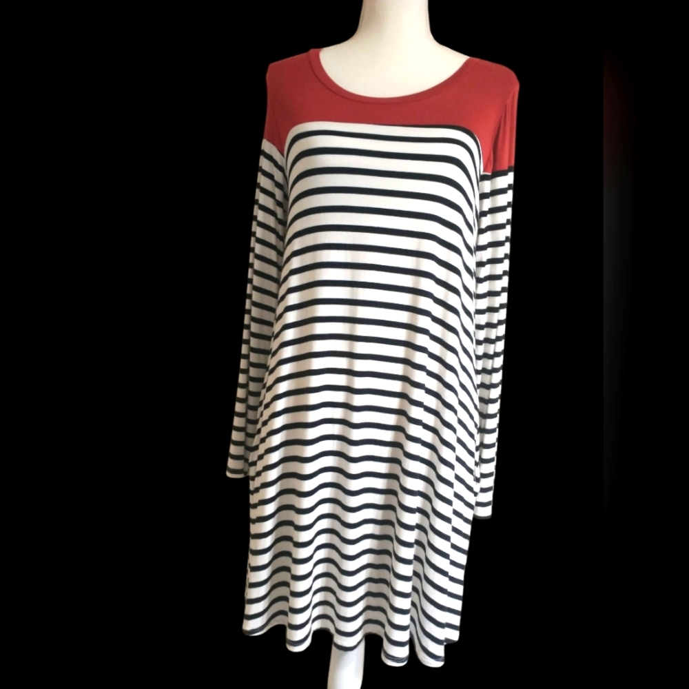 Sun & Moon Striped Long Sleeve Dress with Rust Accent